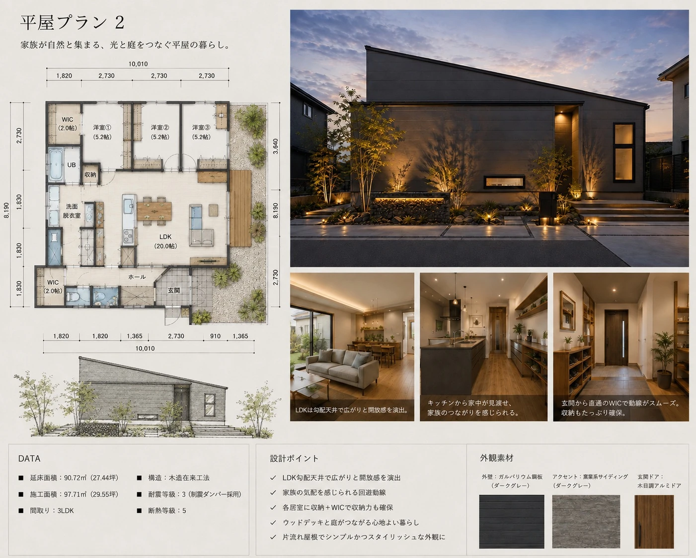 GARDEN 平面プラン ── 庭までリビングになる平屋の間取り
