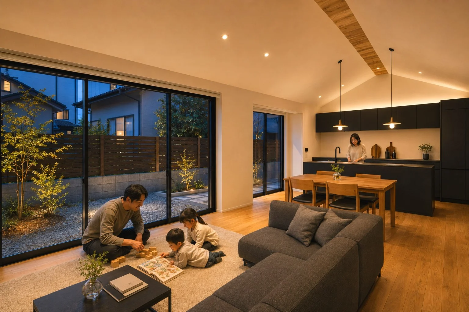 GABLE リビング ── 庭に面した大開口のLDKで家族がくつろぐ｜秀光ビルド徳島店